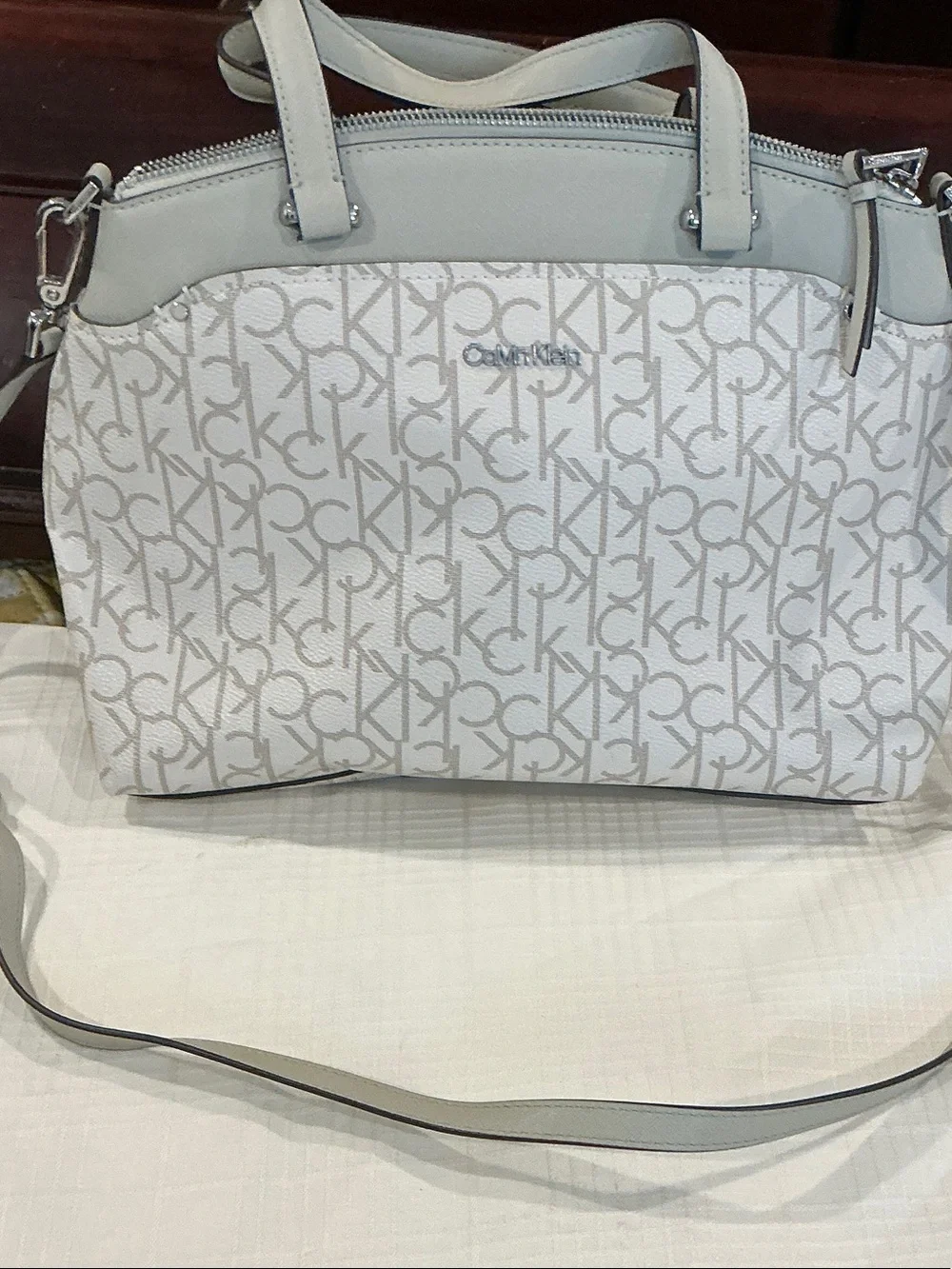 Calvin Klein White and Light Gray Logo Satchel with Crossbody Strap